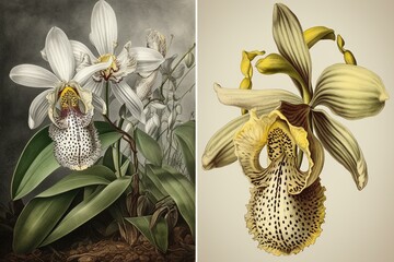 Vintage illustration of orchids - left: paphiopedilum venustum, right: cattleya skinneri. Generative AI - obrazy, fototapety, plakaty