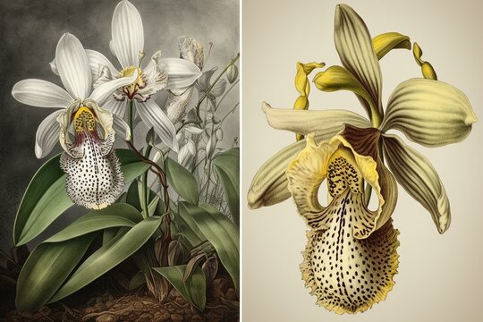Vintage illustration of orchids - left: paphiopedilum venustum, right: cattleya skinneri. Generative AI