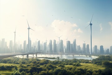 A sustainable urban landscape with wind turbines, solar panels, and skyscrapers in the distance. Generative AI
