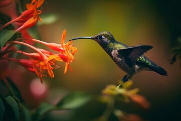 A vibrant hummingbird sipping nectar from a honeysuckle flower. Generative AI - obrazy, fototapety, plakaty