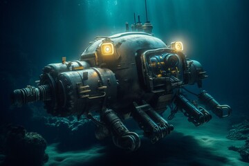 An underwater robot investigates an illuminated abyss in the ocean depths. Generative AI