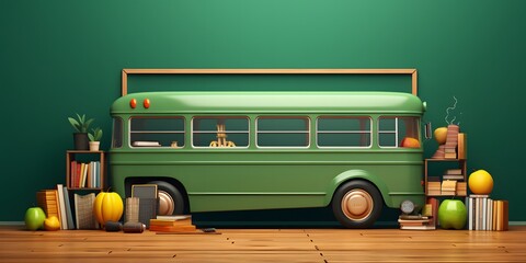 Back to school banner. Funny School bus with books and accessory in front of green chalkboard with copy space. 3D Rendering, 3D Illustration