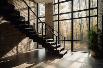 A modern stair hall with white brick wall, polished concrete floor, and black steel structure stair. Large windows offer scenic nature views with sunlight pouring in. Generative AI