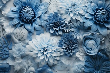 Flowing light blue patterns blend with abstracted blue flowers. Generative AI