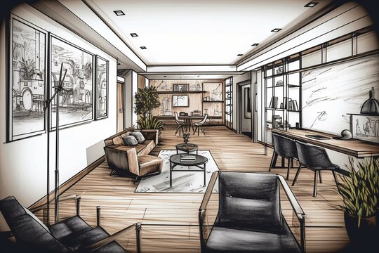 Outlined sketch and painted portrayal of an office, lounge, and meeting space. Generative AI