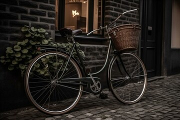 A bicycle against a brick wall with front and back baskets on the front wheel. Generative AI