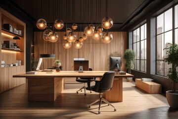 Contemporary office made of wood with furniture and equipment. Designed for workstations. Created using 3D rendering. Generative AI