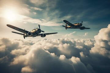 Two WWII planes flying together in the clouds. Generative AI