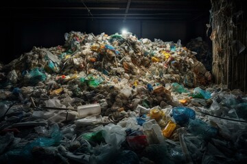 Meticulously captured photo of squashed plastic refuse found within a recycling facility. Generative AI