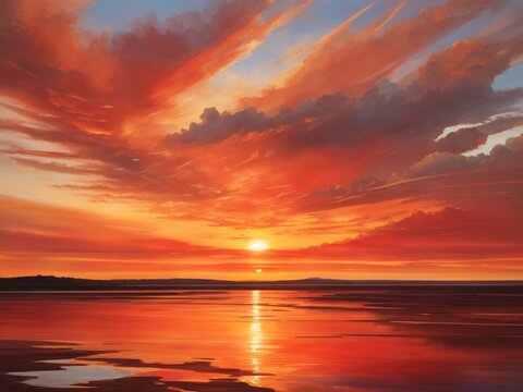 The sun slowly descends, its light stretching out across the horizon, painting the sky in a spectrum of oranges and reds.