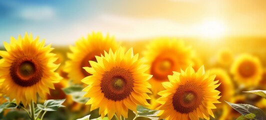 Obraz premium Summer sunflower flower background banner - Closeup of blooming sunflowers on field (Generative Ai)