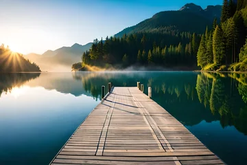 Fototapete Rund A wooden path on lake and mountains generated by AI tool © Muhammad