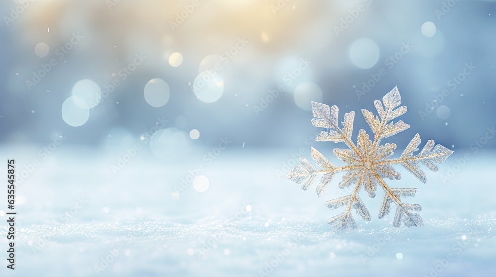 Poster snow background. close-up of snowflake on white snow. created with generative ai technology
