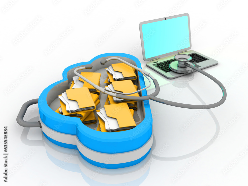Poster 3d rendering cloud folder storage in laptop connected stethoscope