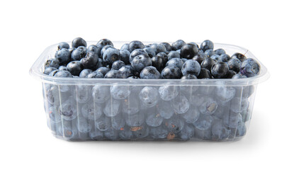 Plastic container with fresh blueberry on white background