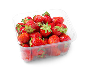 Plastic container with fresh strawberry on white background