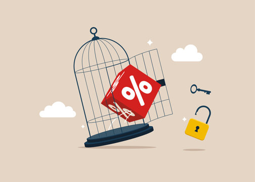 Cube block with percentage symbol icon with key free himself from cage. Interest, financial and mortgage rates. Vector illustration