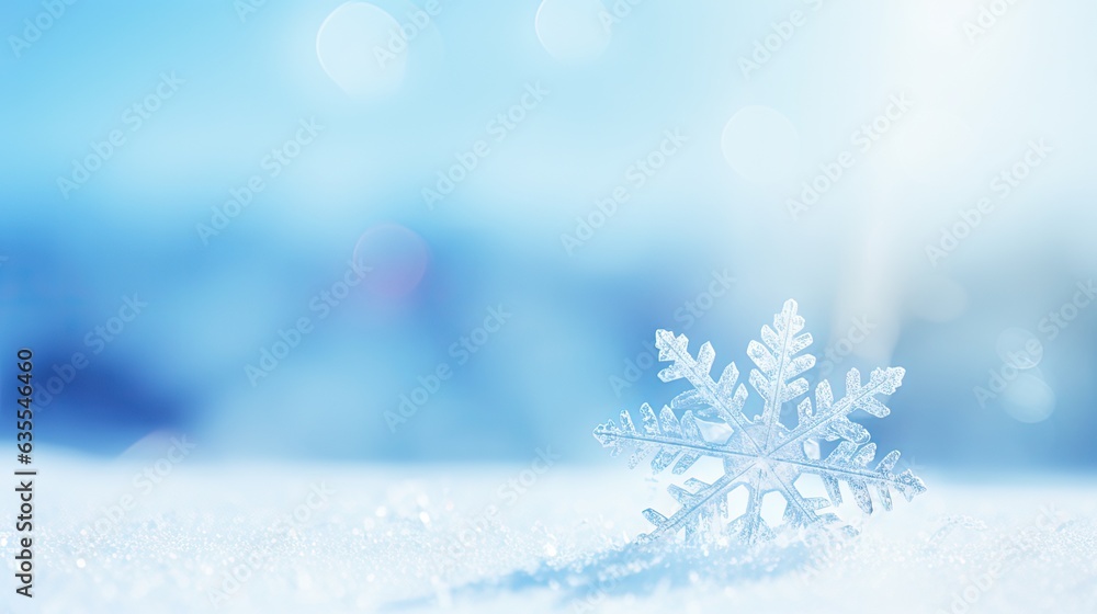 Poster snow background. close-up of snowflake on white snow. created with generative ai technology