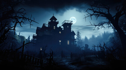 Haunted mansion, house, halloween moonlit night - obrazy, fototapety, plakaty