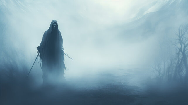 Grim reaper walking through mist