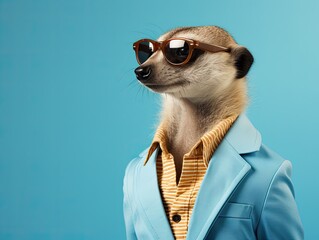 Portrait of a cute posing stylish meerkat in vibrant business suit wearing sunglasses, light blue background