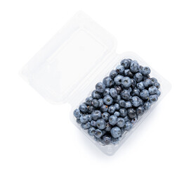 Plastic container with fresh blueberry on white background