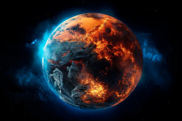 Planet Earth burning in flames because of the planet warming or for the fires from the space. Concept: Global warming will increase the planet temperature. Generative ai. - obrazy, fototapety, plakaty