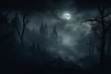 Photo sur Plexiglas Pleine lune Scary spooky dark forest at night with full moon