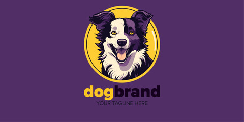 Elevate Your Brand with a Border Collie Mascot Cartoon Logo: Vector Design Featuring Hand-Drawn Character in Yellow and Purple