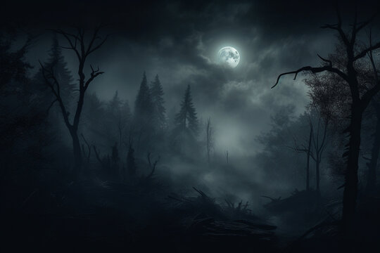 Scary spooky dark forest at night with full moon