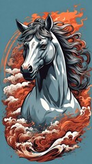 horse head illustration, fire burn, smoke and ocean wave, japan style artwork, detailed design for streetwear and urban style t-shirts design, hoodies