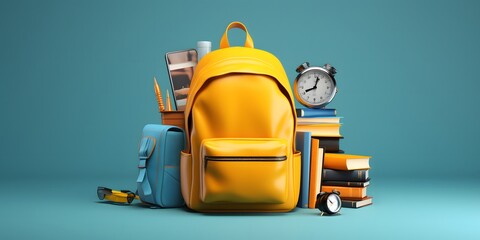 Back to school. Yellow backpack with books and school stuff on blue background 3D Rendering, 3D Illustration