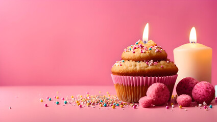 Muffins; candles; aalaw and sprinkles on the corner of pink background, Empty Copy Space, Generative AI