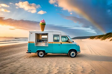 Ice cream truck is parked on the beach with a cone on top of it's roof and a lot of ice cream in the back of it's windows, and a blue sky with clouds.
