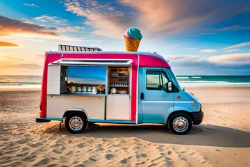 An ice cream truck parked on a sandy beach, its vibrant colors standing out against the natural backdrop, a whimsical cone sits on top of its roof, while the back windows are loaded with a delightful
