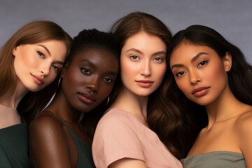 Obraz premium Generative AI portrait group of attractive female fashion models amazing appearance skin all races tones ethnicity