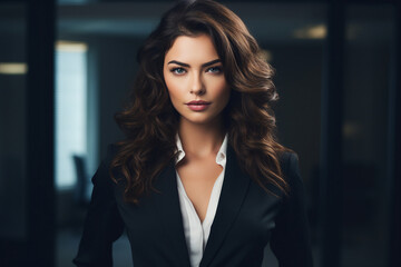 Fototapeta premium Generative AI technology portrait of attractive young business woman posing on office dark background