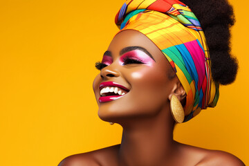 Generative AI portrait of positive African ethnicity woman in turban wearing African traditional gear over yellow background