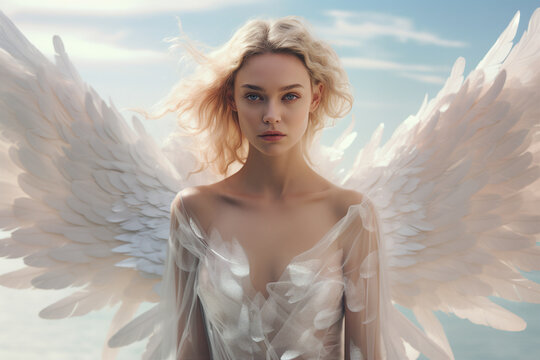 Generative AI picture Holy girl angel with white wings Sad fallen archangel