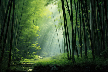"Tranquil Canopy in Dense Bamboo Forest"
