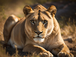 Obraz na płótnie Canvas Portrait of a lioness in the wild, close-up, her intense gaze piercing through the lens. Generative AI