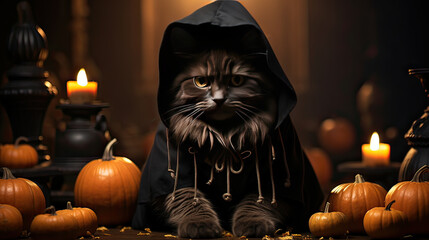 lovely cat in  black hood have fun with Halloween concept