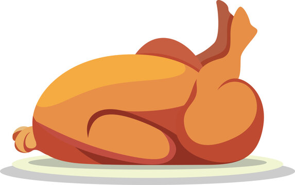 Cooked whole chicken, turkey or duck flat style vector illustration, BBQ or roasted whole chicken stock vector image