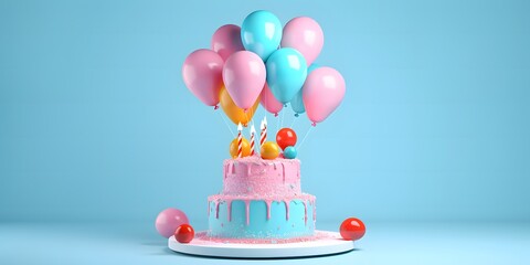 Colorful birthday cake on blue background with drip frosting, party hat, pink balloon, copy space