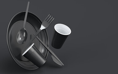 Set of disposable utensils like plate, folk, spoon,knife and cup on monochrome