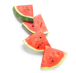 Pieces of ripe fresh watermelon on white background