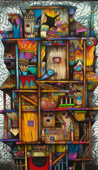 Illustration of colorful houses. House painting in oil and acrylic. Post-processed generative AI