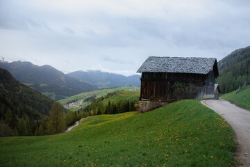 Alpine green meadows. Mountains and huts. Valley in the fog, cloudy. Nature