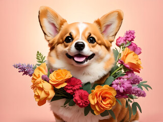 Smiling cute corgi holding bouquet in colorful flowers isolated warm background, Generative AI