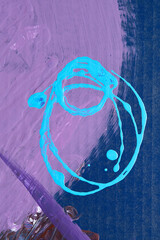  Abstract painting design. Gestural lines and shapes on a textured purple background. Blue circle swirls. 